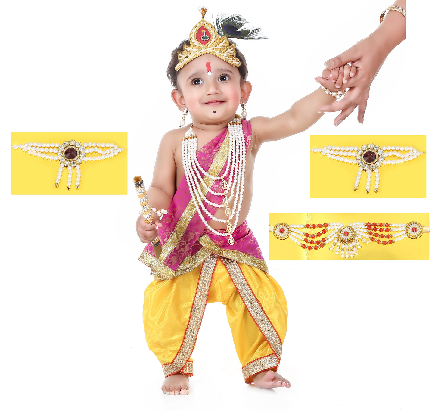 Baby Krishna Dress for Janmashtami with Krishna Mukut, Peacock Feather & Flute - Yellow-Pink