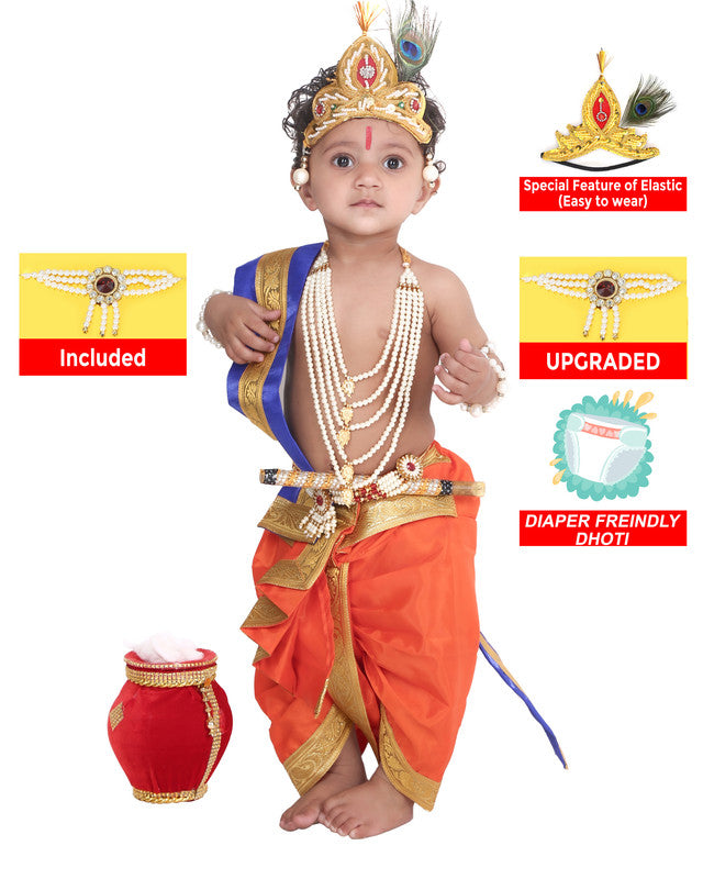 Baby Krishna Brocade Fabric Janmashtami Mythological Character Costume - Orange and Blue