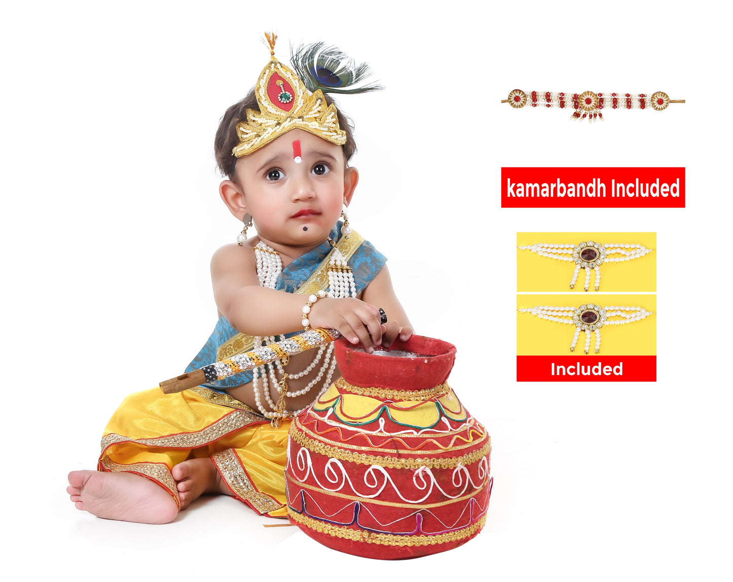 Baby Krishna Dress for Janmashtami with Krishna Mukut, Peacock Feather & Flute - Yellow-Ferozi