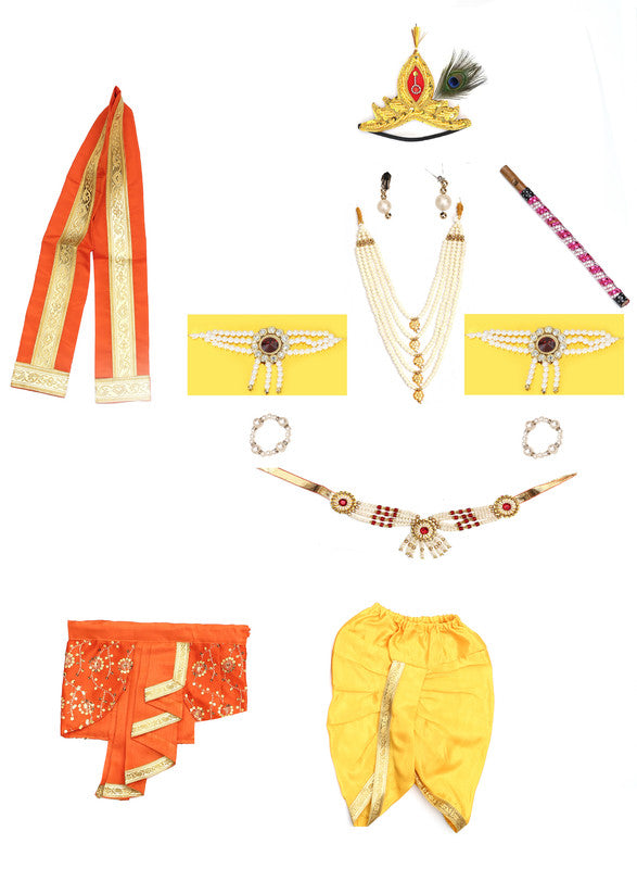 Baby Krishna Brocade Fabric Janmashtami Mythological Character Costume - Yellow and Orange