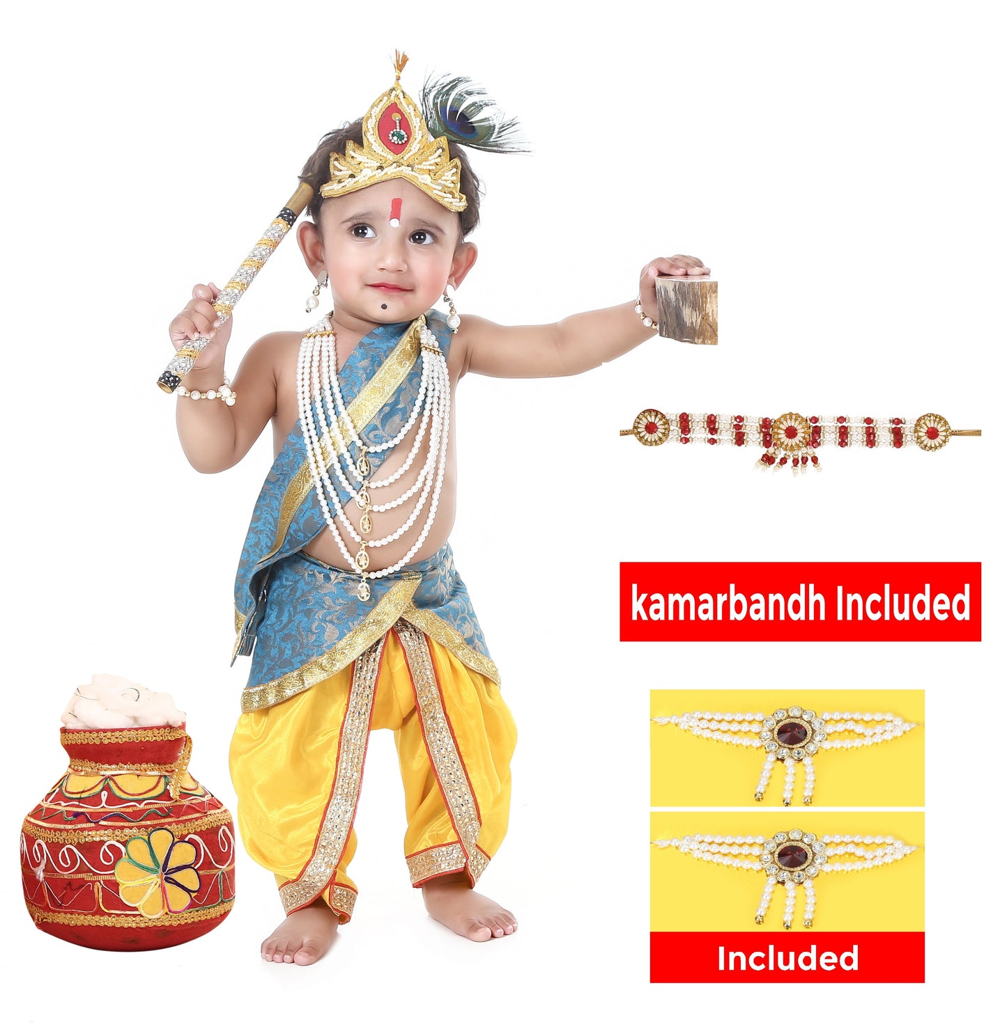Baby Krishna Dress for Janmashtami with Krishna Mukut, Peacock Feather & Flute - Yellow-Ferozi