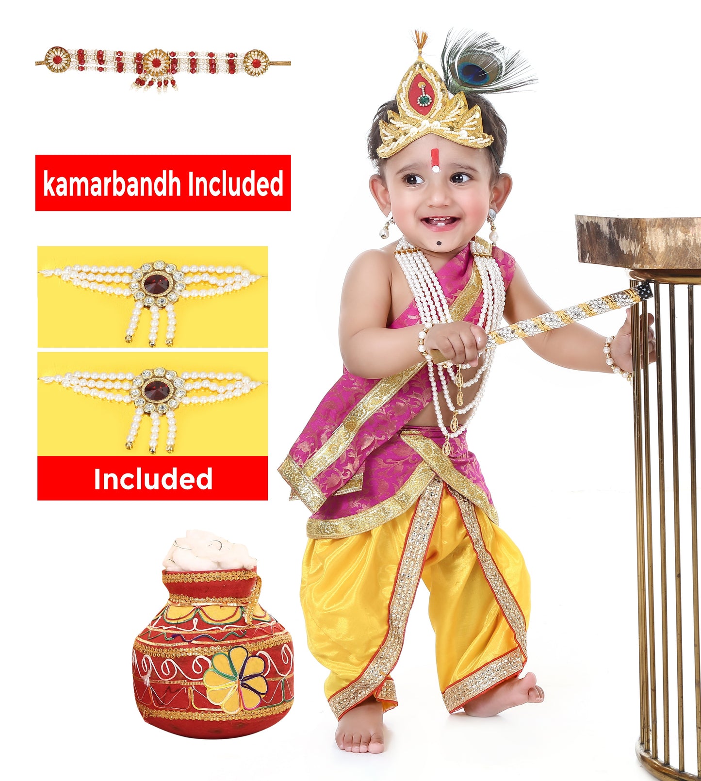 Baby Krishna Dress for Janmashtami with Krishna Mukut, Peacock Feather & Flute - Yellow-Pink