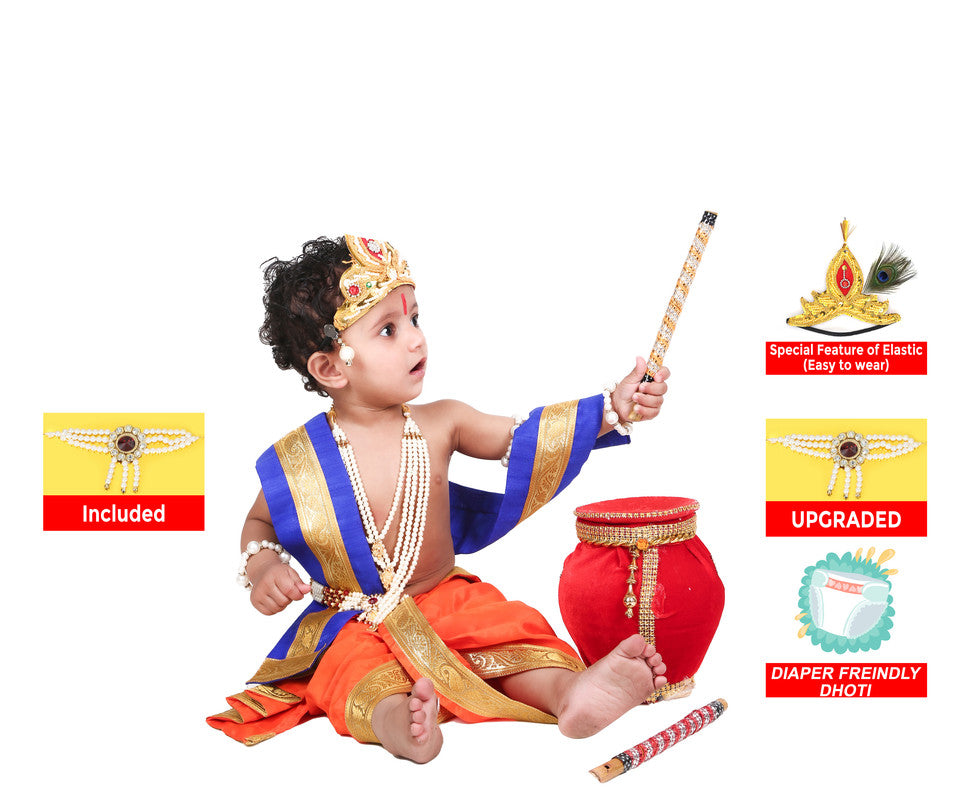 Baby Krishna Brocade Fabric Janmashtami Mythological Character Costume - Orange and Blue