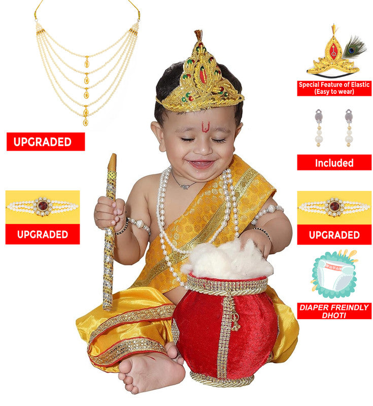 Baby Krishna Brocade Fabric Janmashtami Mythological Character Costume - Yellow