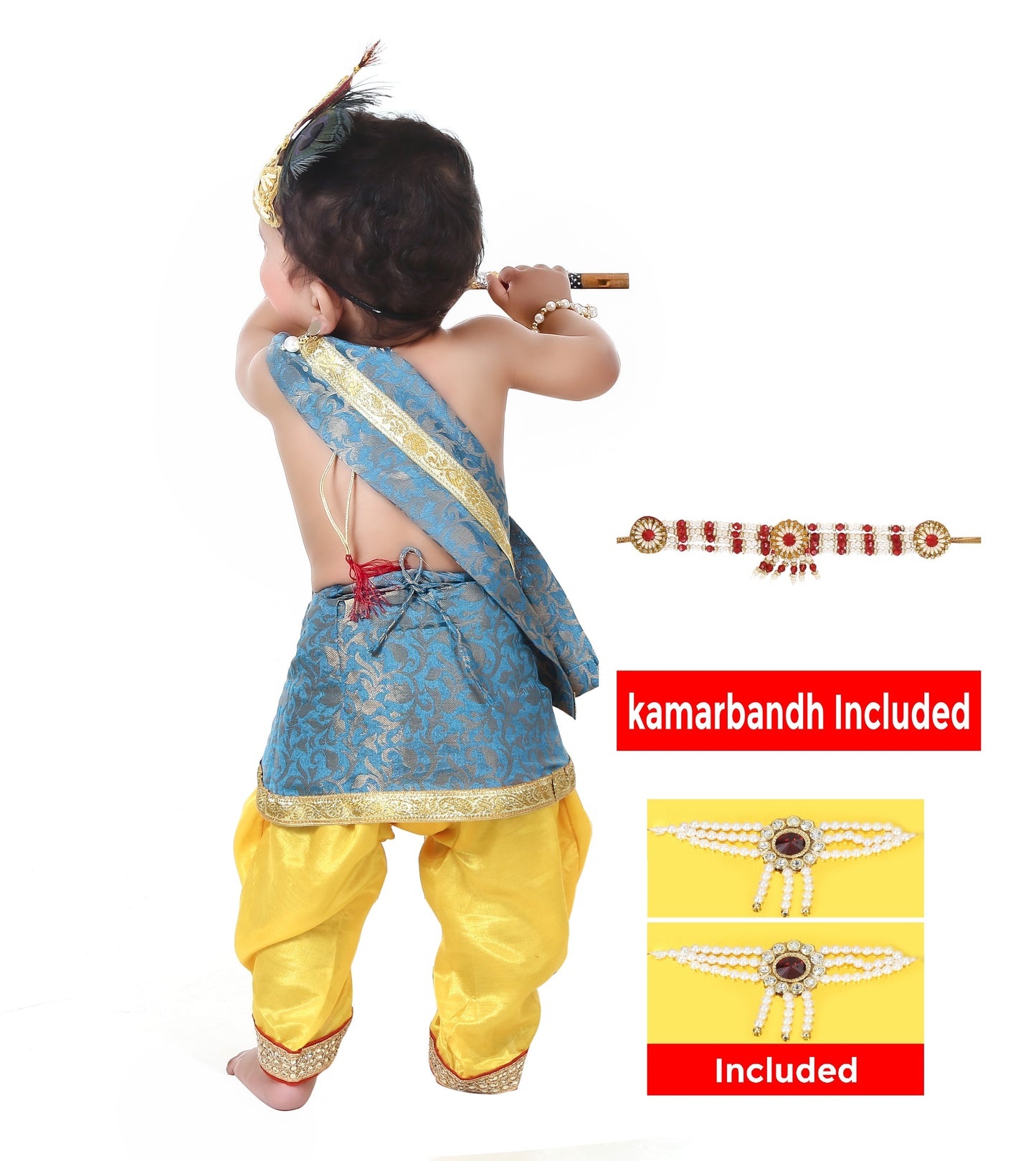 Baby Krishna Dress for Janmashtami with Krishna Mukut, Peacock Feather & Flute - Yellow-Ferozi