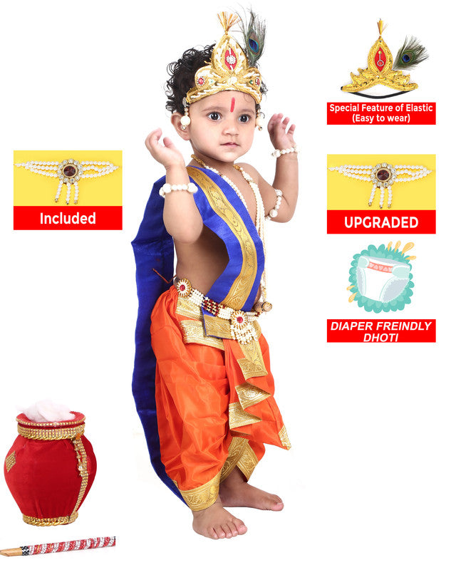 Baby Krishna Brocade Fabric Janmashtami Mythological Character Costume - Orange and Blue