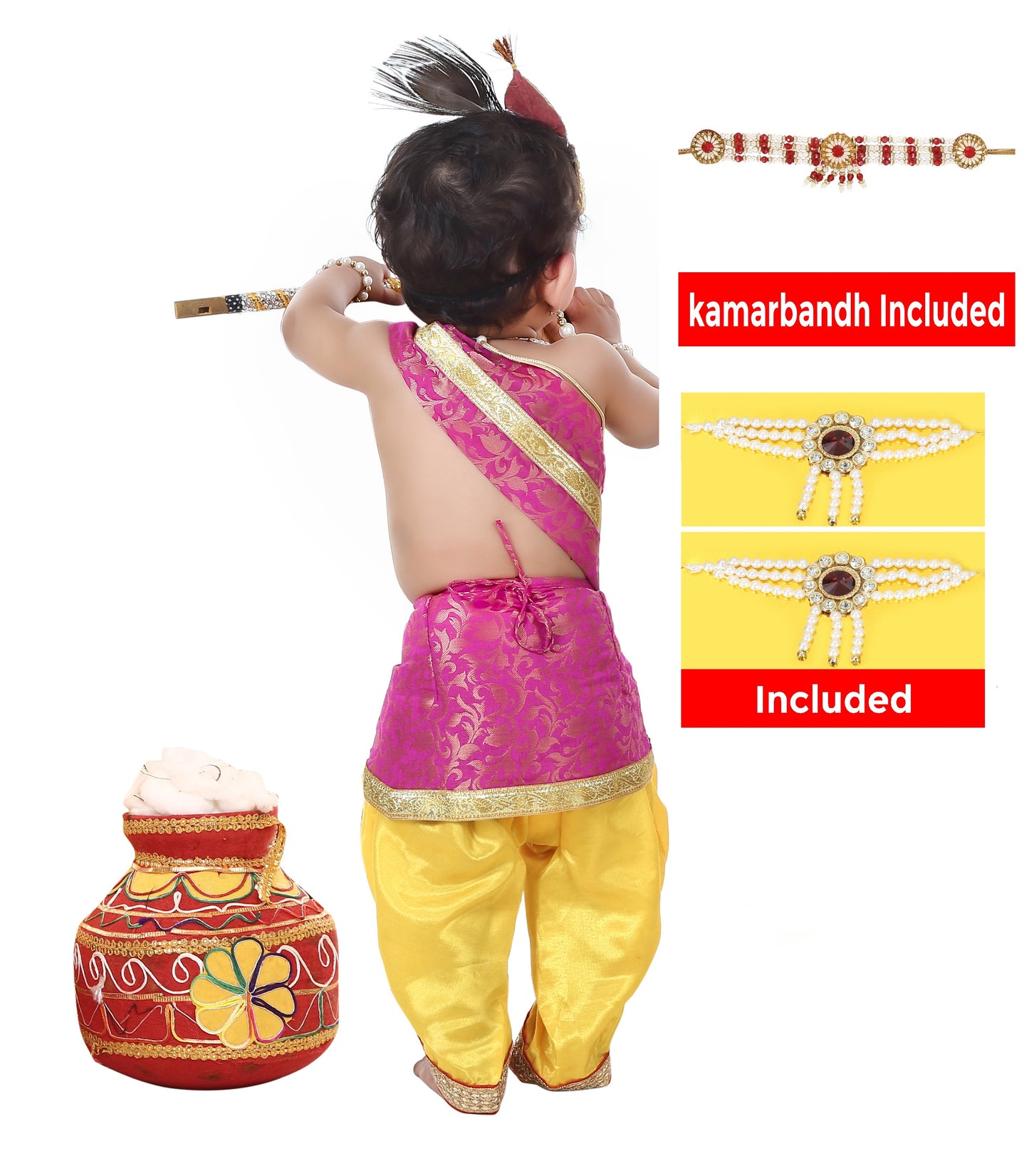 Baby Krishna Dress for Janmashtami with Krishna Mukut, Peacock Feather & Flute - Yellow-Pink