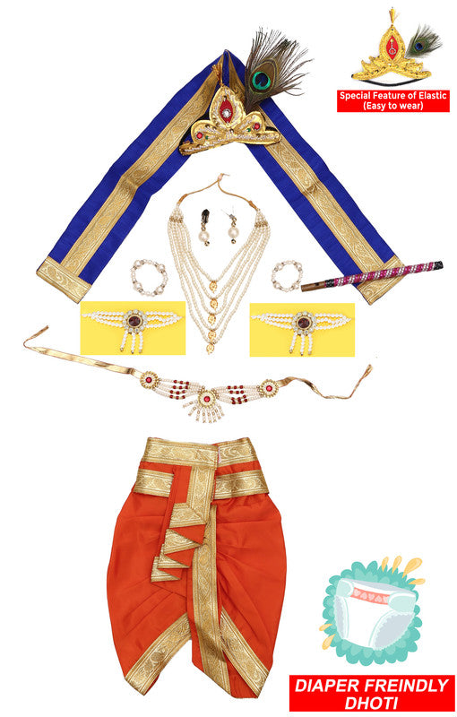 Baby Krishna Brocade Fabric Janmashtami Mythological Character Costume - Orange and Blue