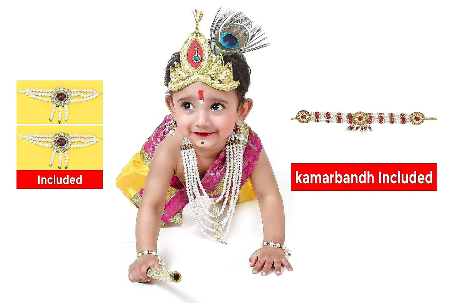 Baby Krishna Dress for Janmashtami with Krishna Mukut, Peacock Feather & Flute - Yellow-Pink