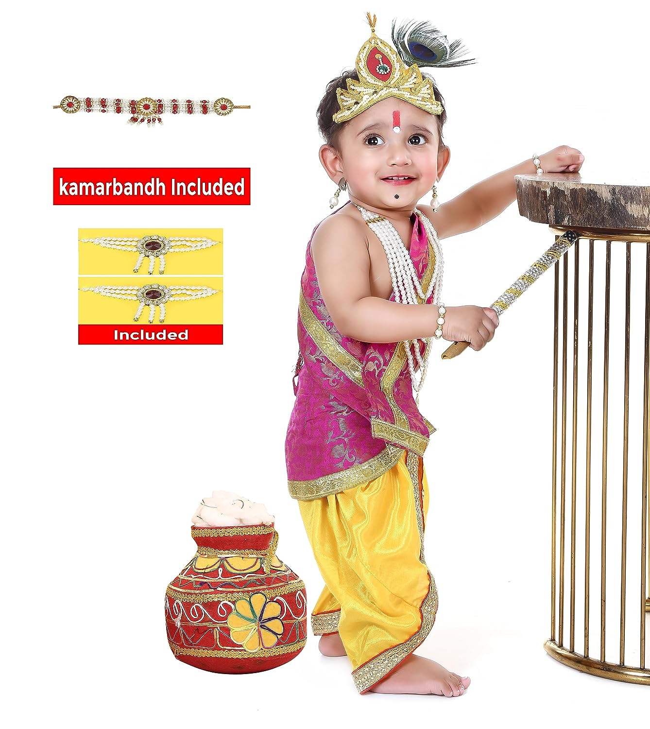 Baby Krishna Dress for Janmashtami with Krishna Mukut, Peacock Feather & Flute - Yellow-Pink