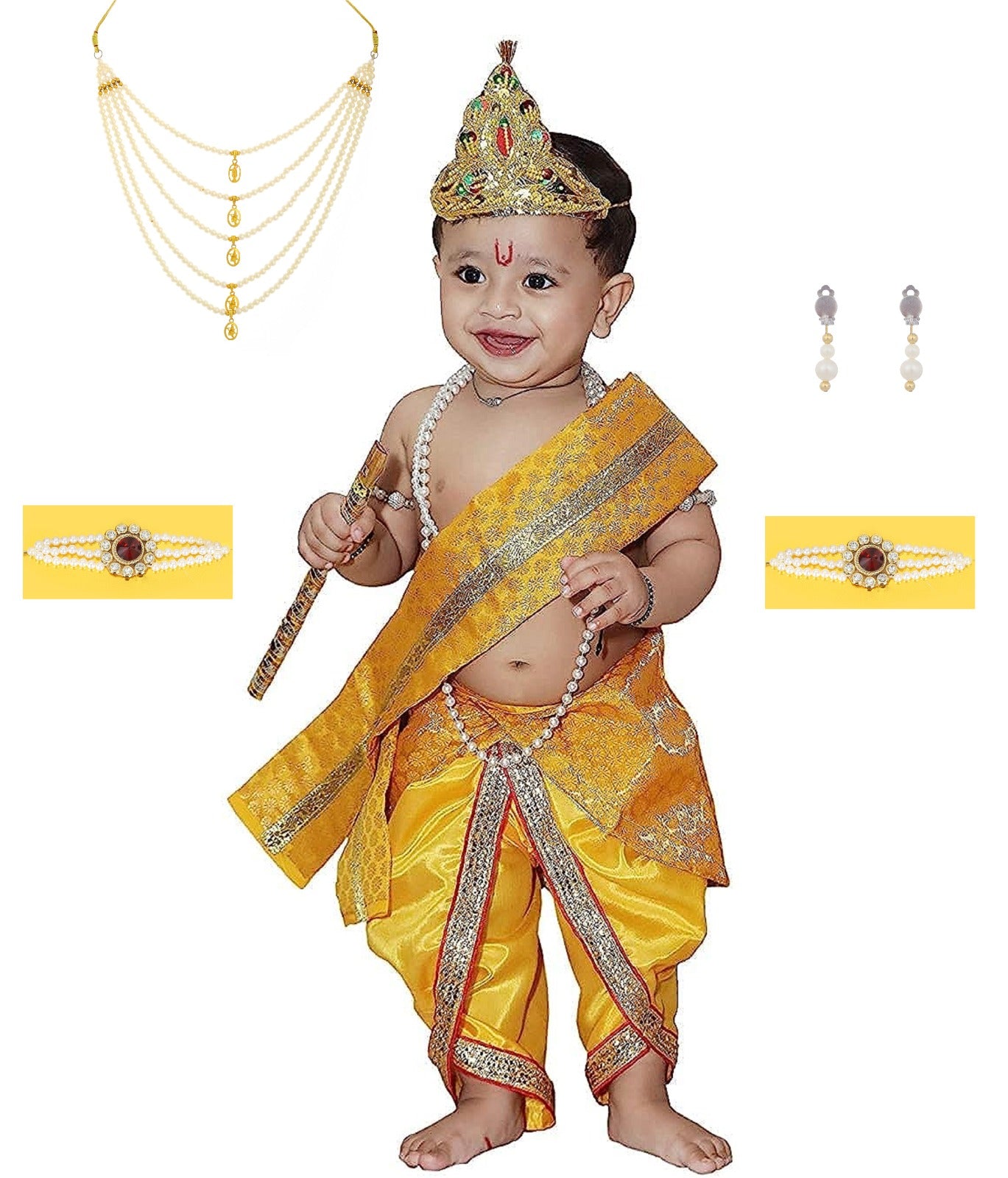 Baby Krishna Brocade Fabric Janmashtami Mythological Character Costume - Yellow