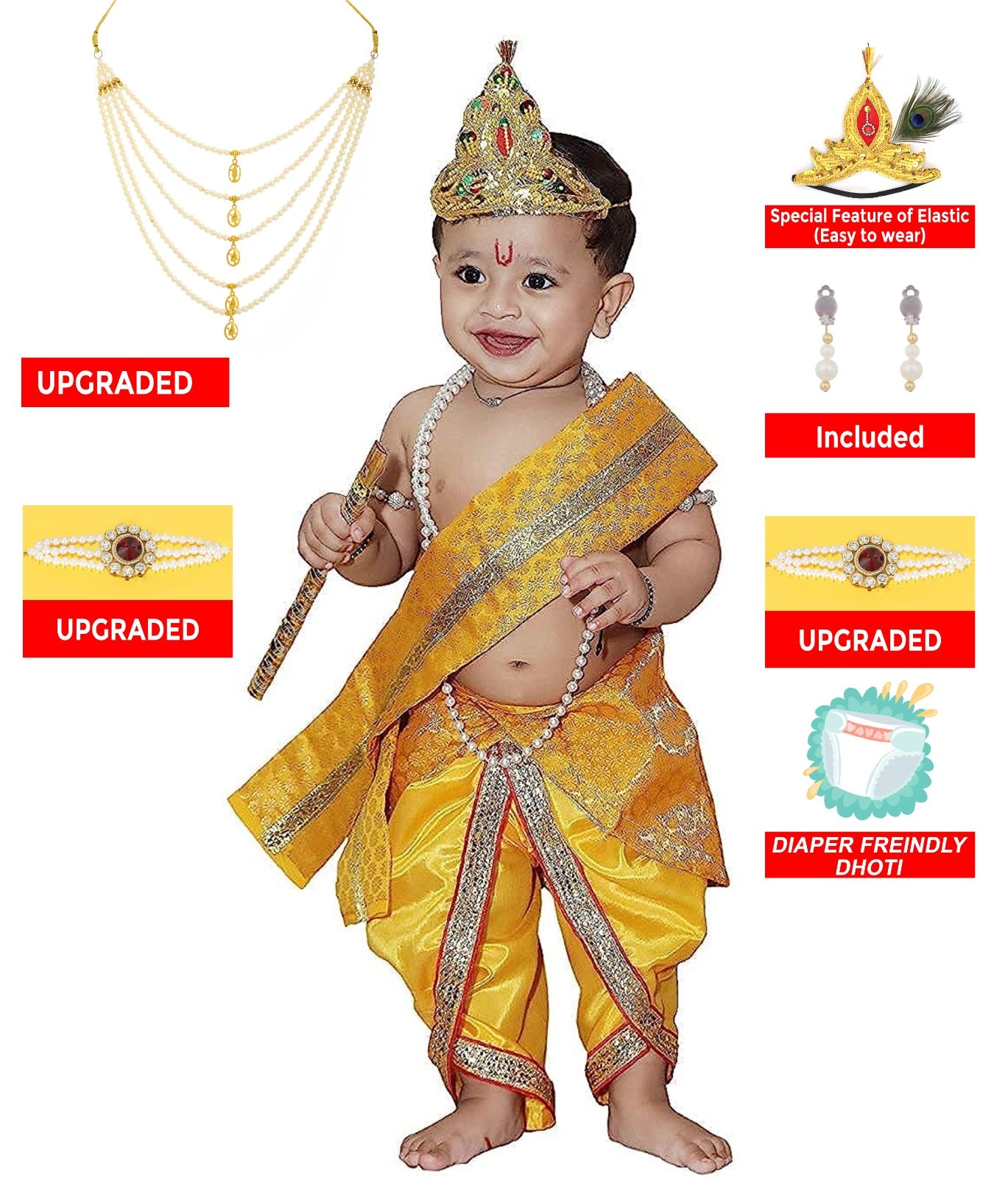 Baby Krishna Brocade Fabric Janmashtami Mythological Character Costume - Yellow