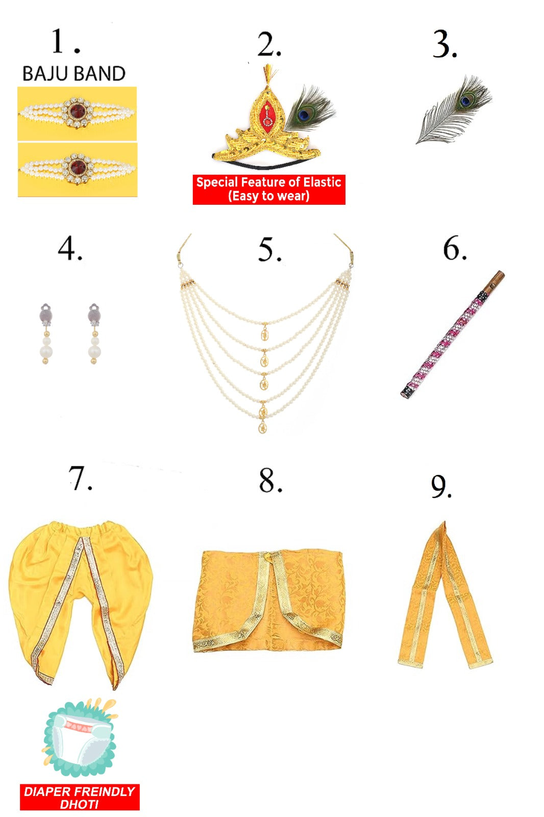 Baby Krishna Brocade Fabric Janmashtami Mythological Character Costume - Yellow