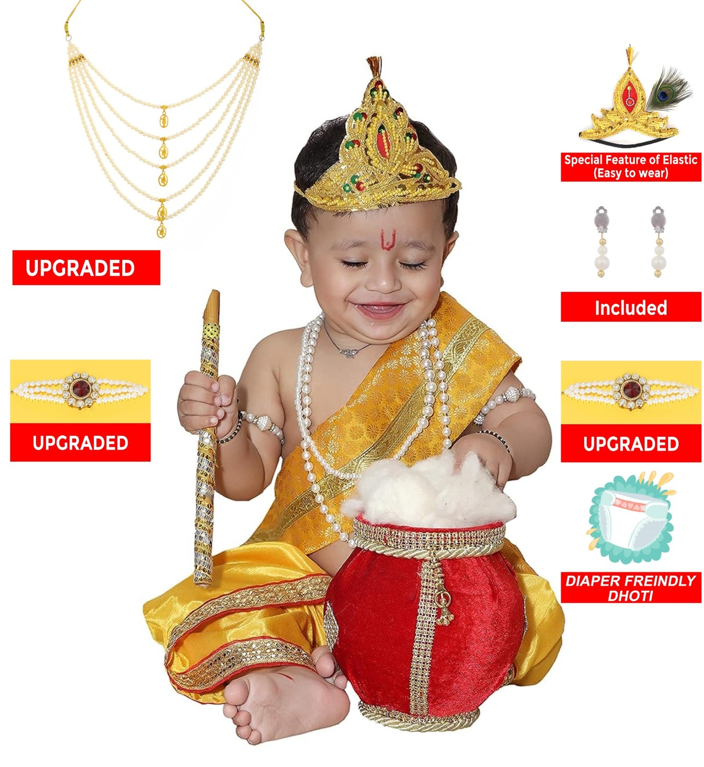 Baby Krishna Brocade Fabric Janmashtami Mythological Character Costume - Yellow