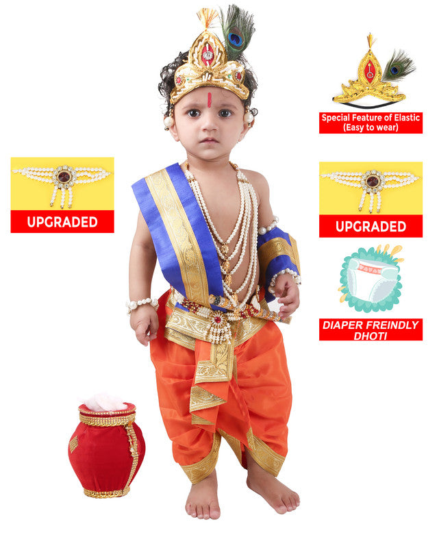 Baby Krishna Brocade Fabric Janmashtami Mythological Character Costume - Orange and Blue