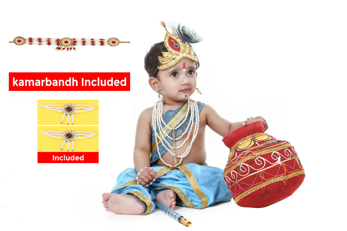 Baby Krishna Dress for Janmashtami with Krishna Mukut, Peacock Feather & Flute - Full-Ferozi