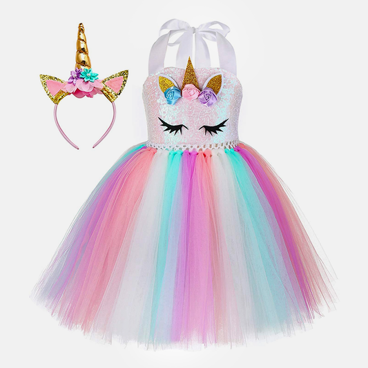 Unicorn Dress Frill Hopscotch Skirt Outfit Tutu Princess Costume With Headband For Baby Girl & Kids - 2PC