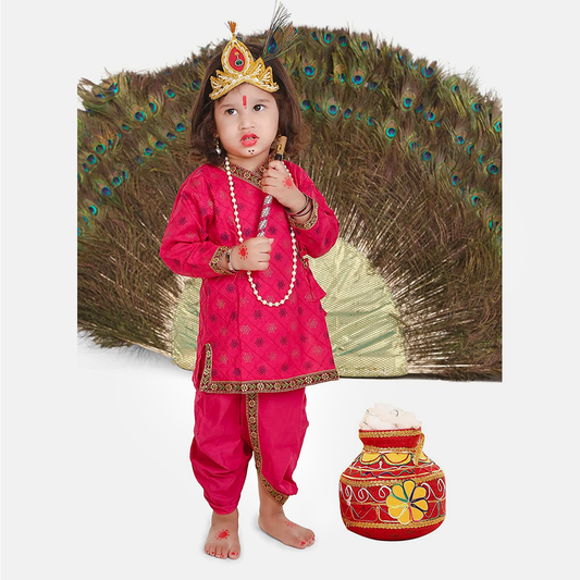 Radha and Krishna Brocade Fabric Janmashtami Mythological Character Costume - Printex-Magenta