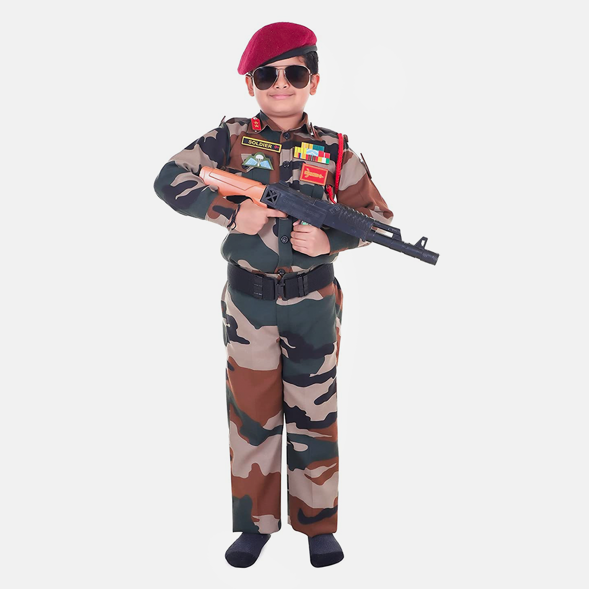 Polyester Fabric Fancy Dress with New Print for Cosplay, 14 Pcs Set with Professional Belt, Special Badges, Maroon Beret Cap