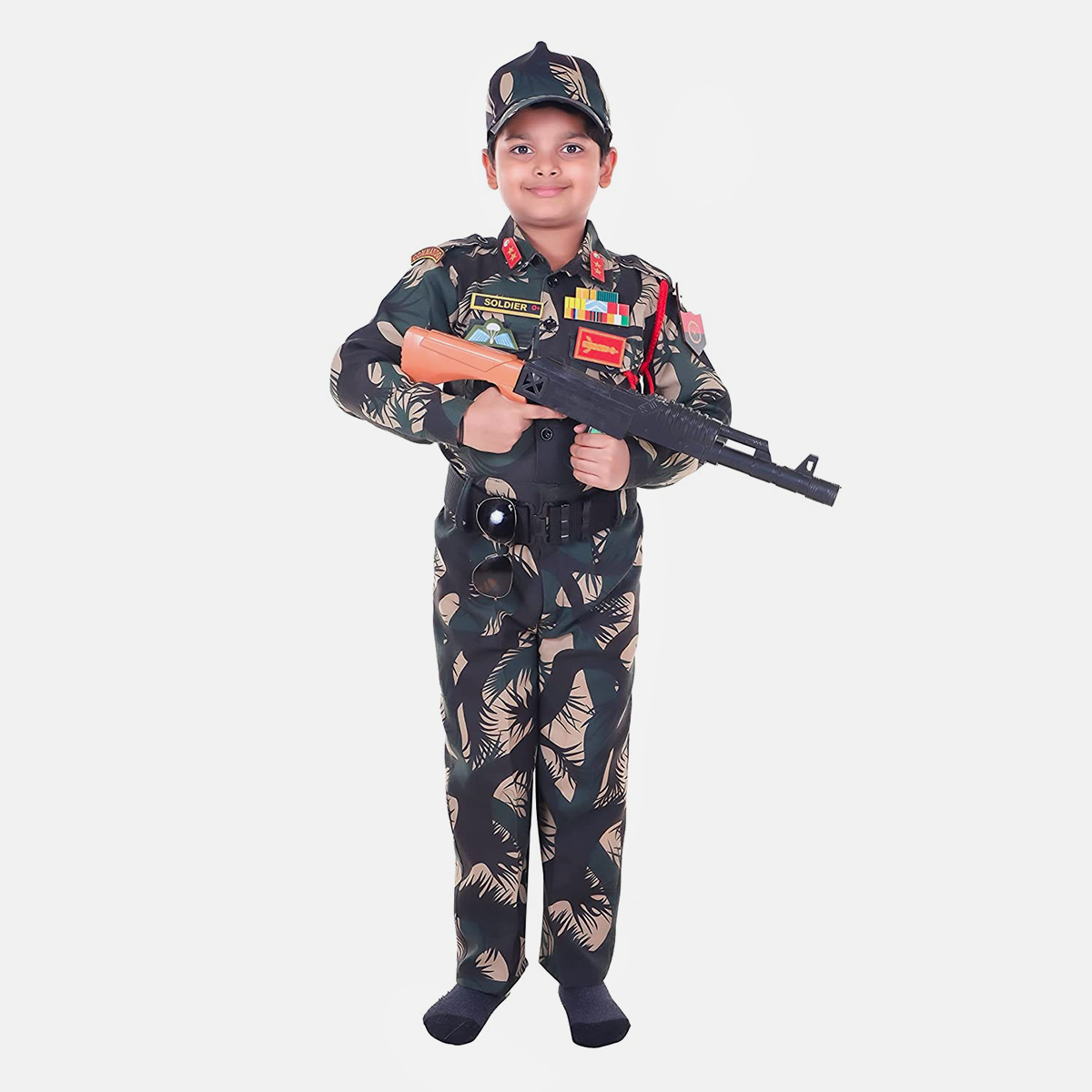 Army Dress for Kids, Jungle Print Costume for Republic Day, pecial Badges, Cap, Lanyard, 3Y