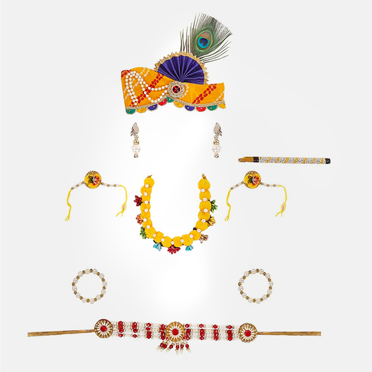 Baby Krishna Dress for Janmashtami with Krishna Mukut, Peacock Feather & Flute - Jewel-Flower-Pagri