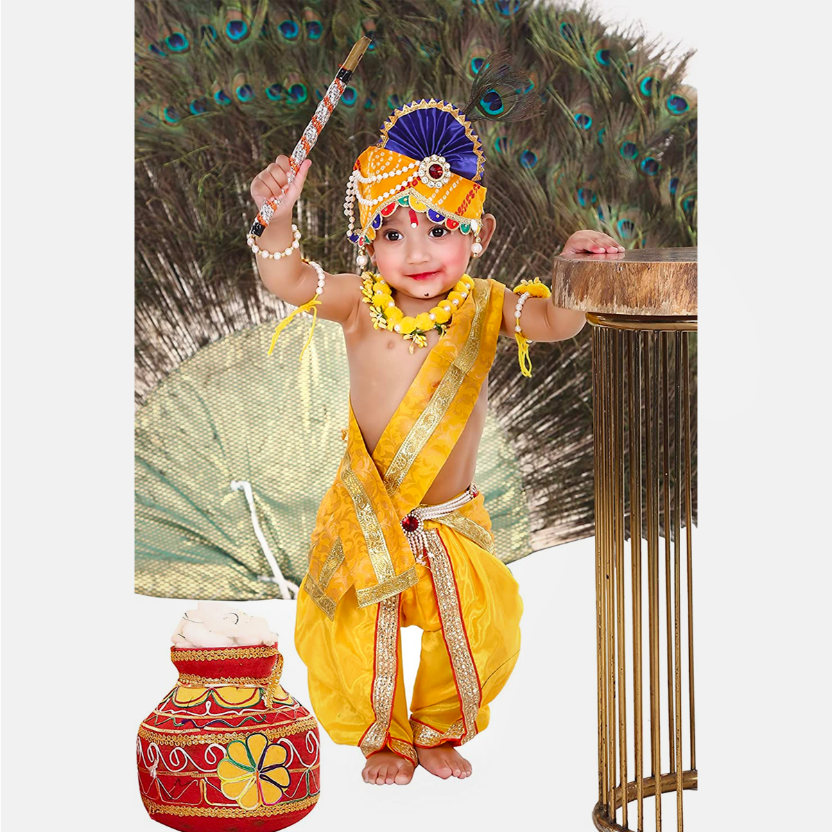 Baby Krishna Dress for Janmashtami with Krishna Mukut, Peacock Feather & Flute - Dress-Pagri-Flower