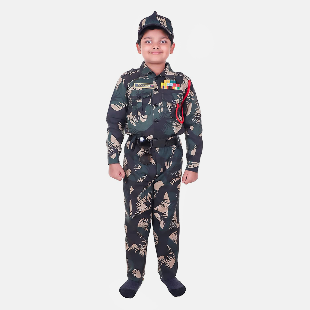 Army Dress for Kids, Polyester Fabric with Jungle Print for Patriotic Cosplay, 7Pc Set with Cap