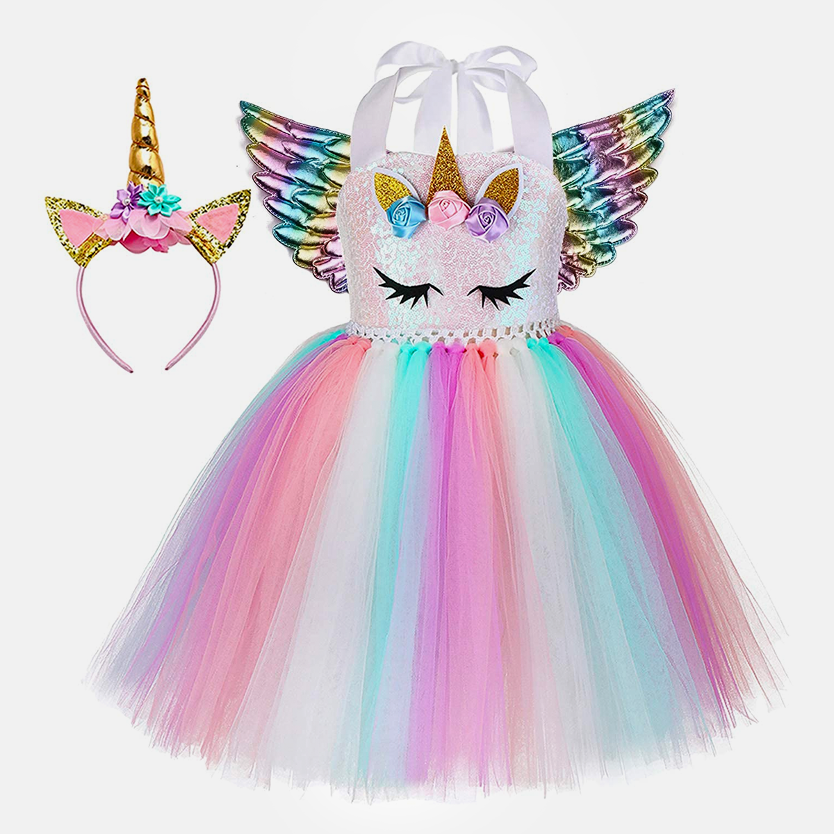 Unicorn Dress Frill Hopscotch Skirt Outfit Tutu Princess Costume With Headband Wings For Baby Girl & Kids (3pc)