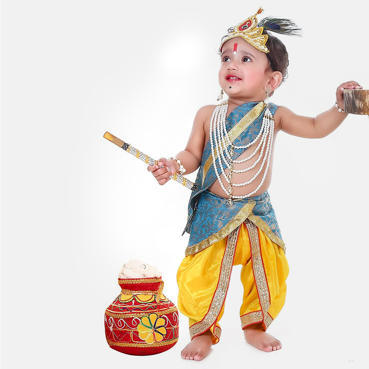 Baby Krishna Dress for Janmashtami with Krishna Mukut, Peacock Feather & Flute - Yellow-Ferozi