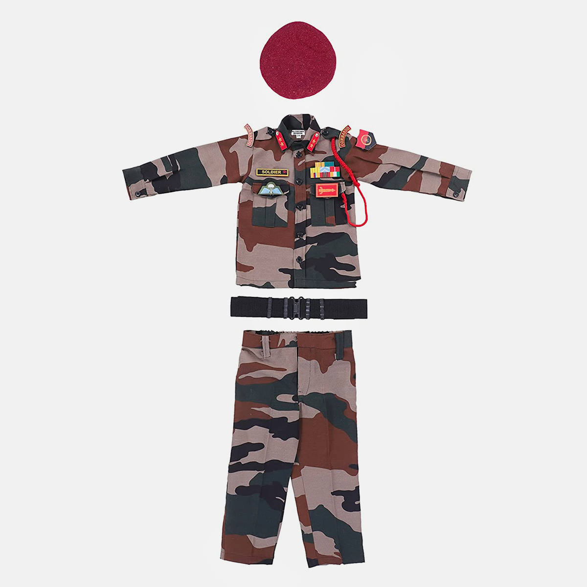 Polyester Fabric Fancy Dress with New Print for Cosplay, 14 Pcs Set with Professional Belt, Special Badges, Maroon Beret Cap