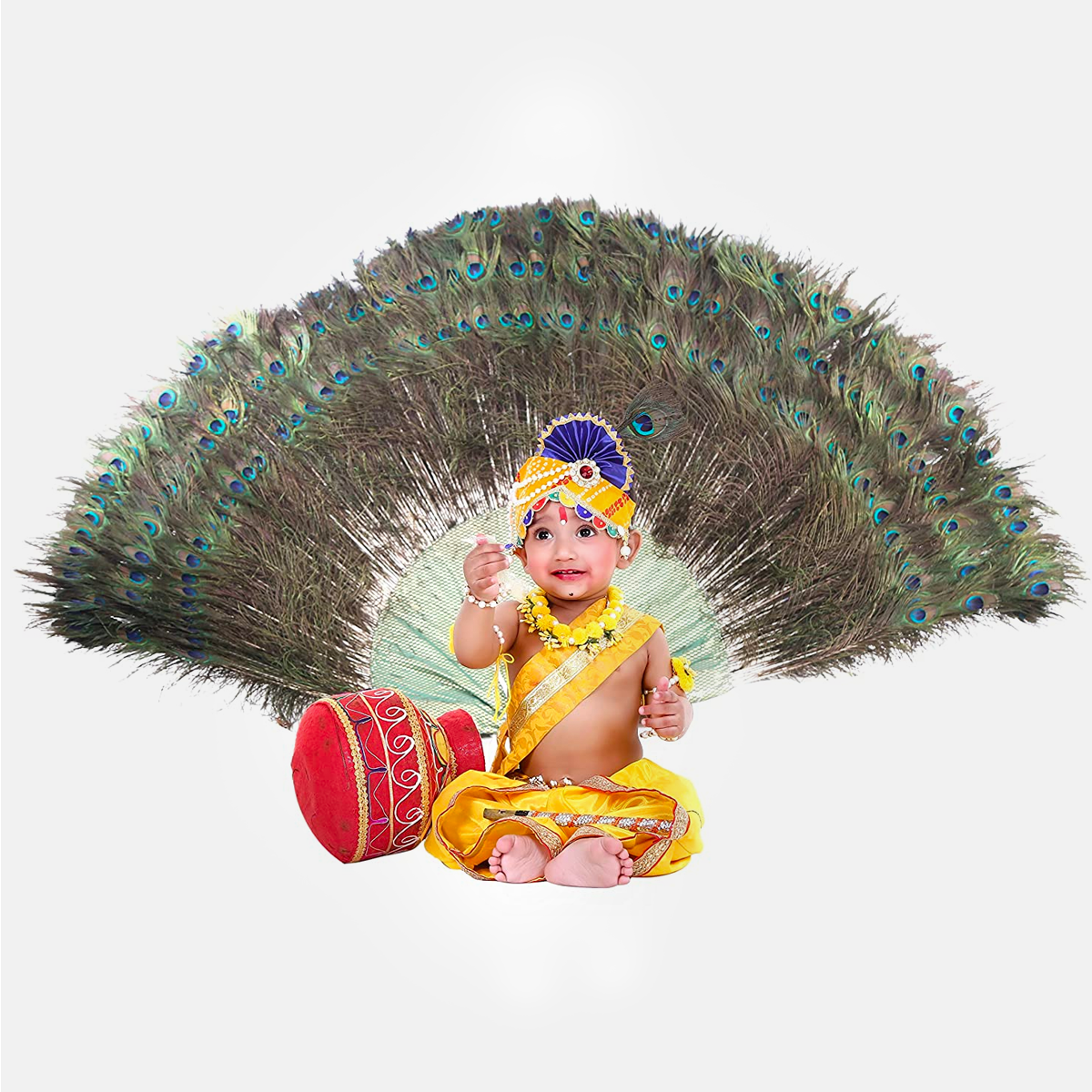 Janmashtmi Dress with Diaper-friendly Dhoti & Dupatta, Mor Pankh Mukut, 5-Layer Mala, Baju Bandh & Bansuri - Dress-Pagri-Flower