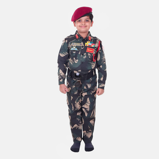 Army Dress for Kids, 14 Pcs Set with Professional Belt, Special Badges, Maroon Beret Cap