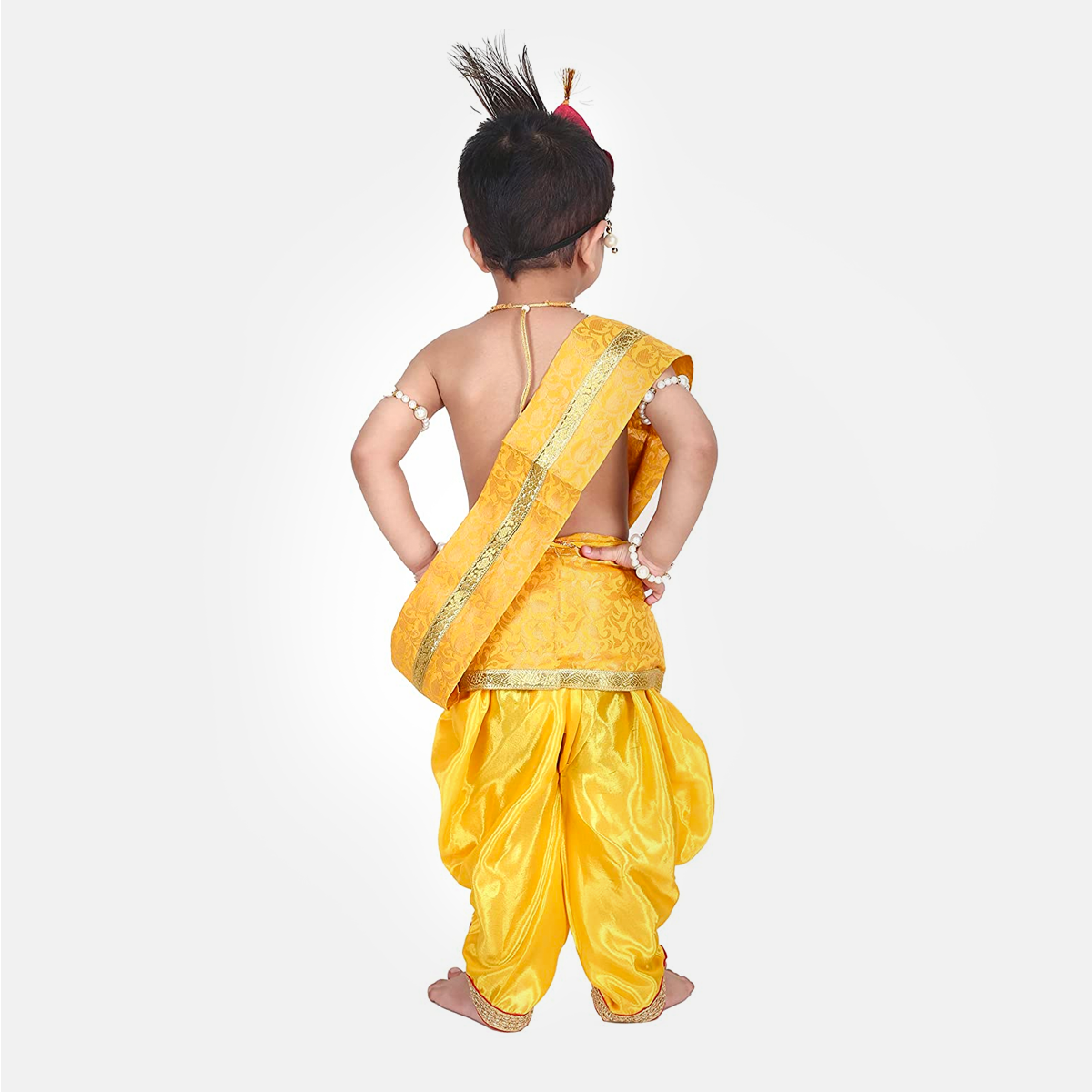 Janmashtmi Dress with Diaper-friendly Dhoti & Dupatta, Mor Pankh Mukut, 5-Layer Mala, Baju Bandh & Bansuri - Yellow and Yellow