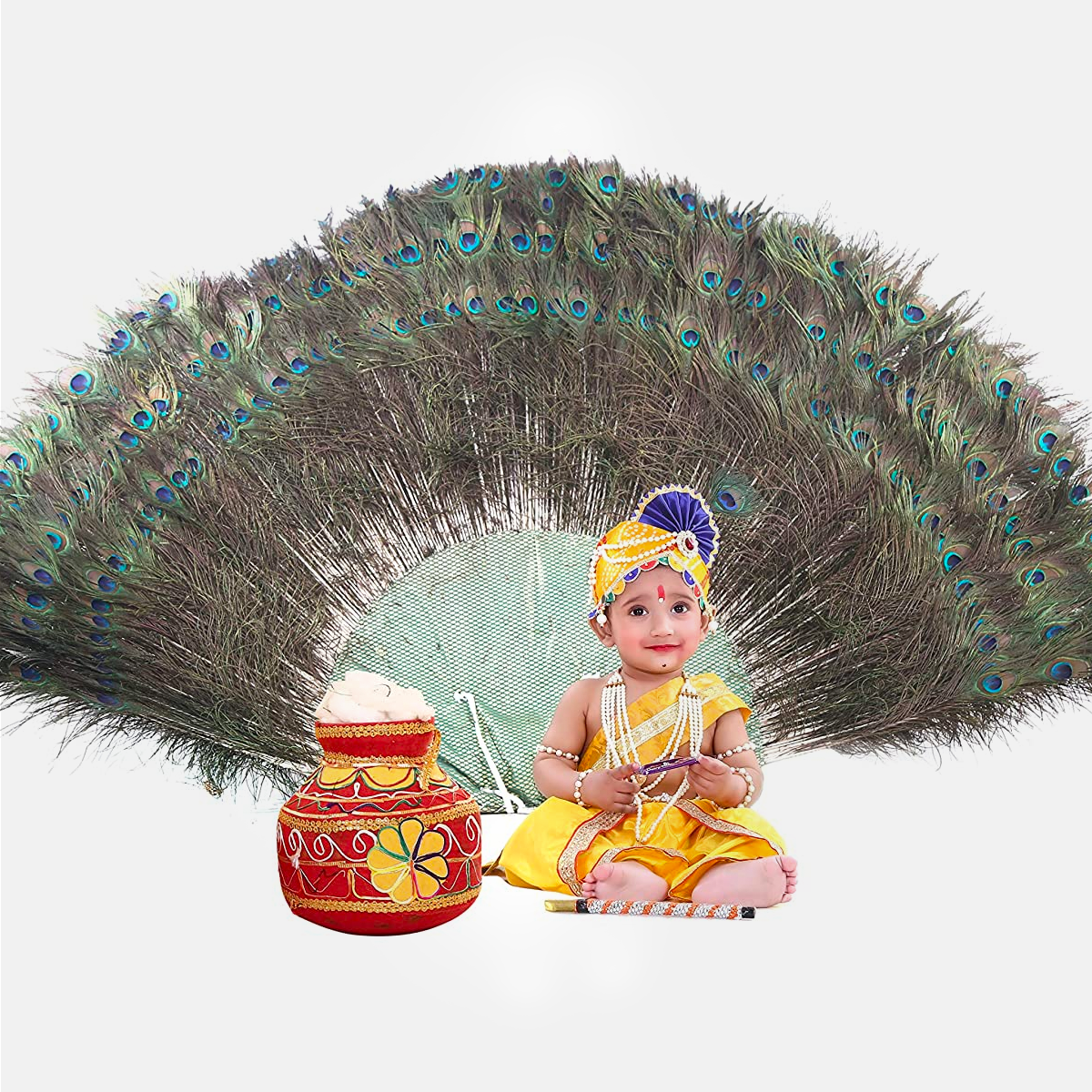 Janmashtmi Dress with Diaper-friendly Dhoti & Dupatta, Mor Pankh Mukut, 5-Layer Mala, Baju Bandh & Bansuri - Dress-Pagri-Mala