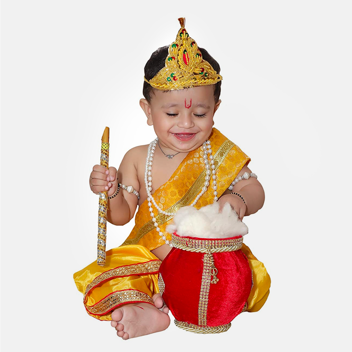 Janmashtmi Dress with Diaper-friendly Dhoti & Dupatta, Mor Pankh Mukut, 5-Layer Mala, Baju Bandh & Bansuri - Yellow