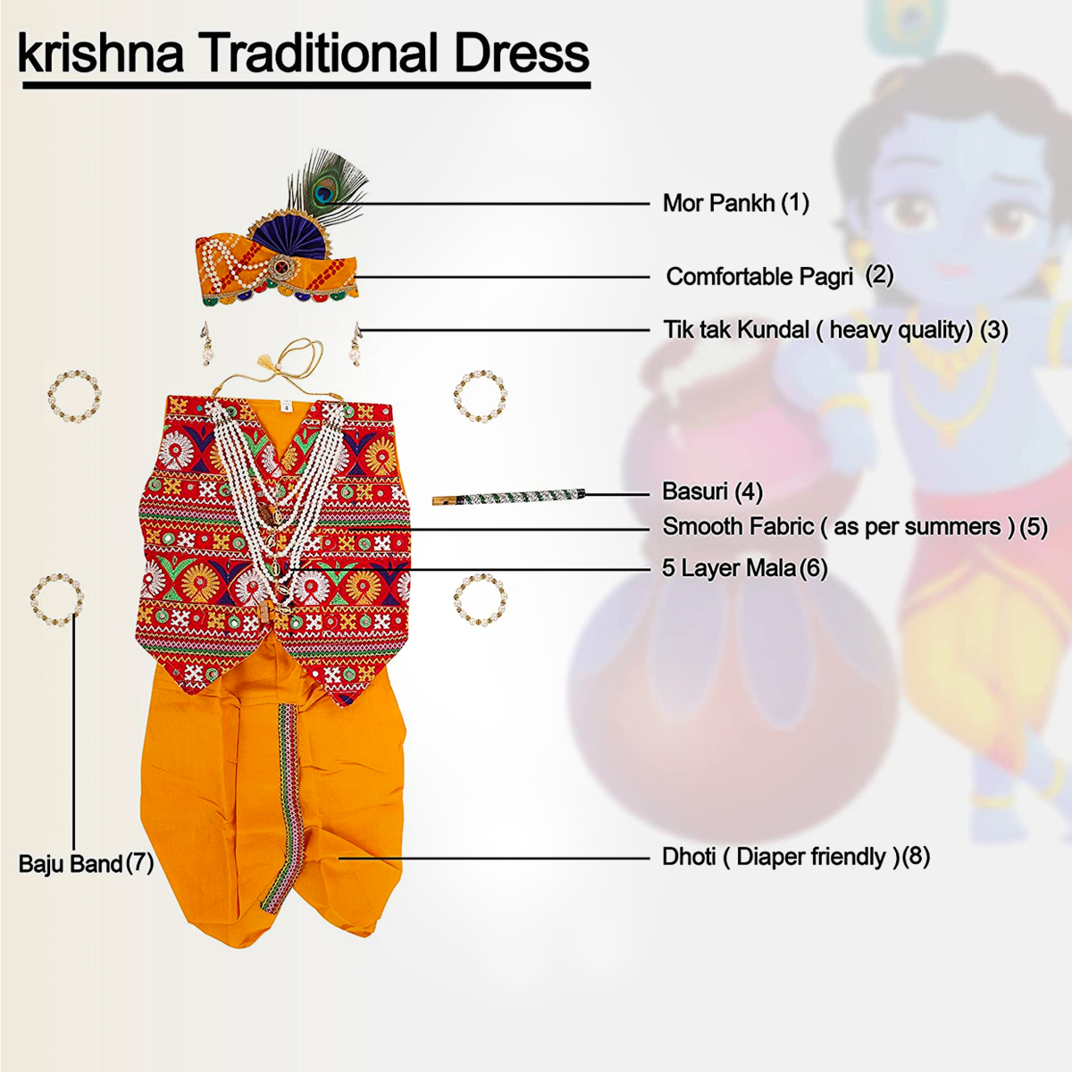 Radha and Krishna Brocade Fabric Janmashtami Mythological Character Costume - Multicolor-Jacket