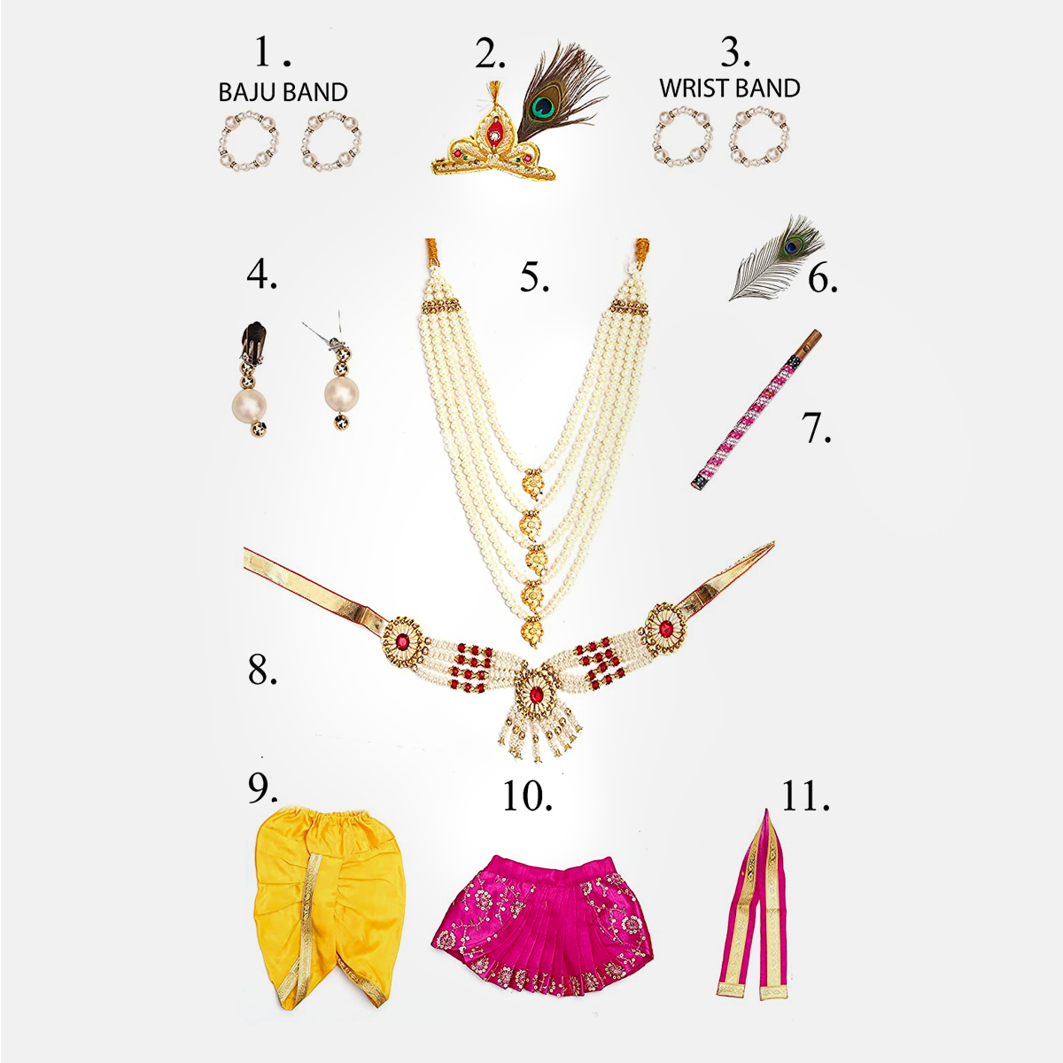 Janmashtmi Dress with Diaper-friendly Dhoti & Dupatta, Mor Pankh Mukut, 5-Layer Mala, Baju Bandh & Bansuri - Yellow and Magenta