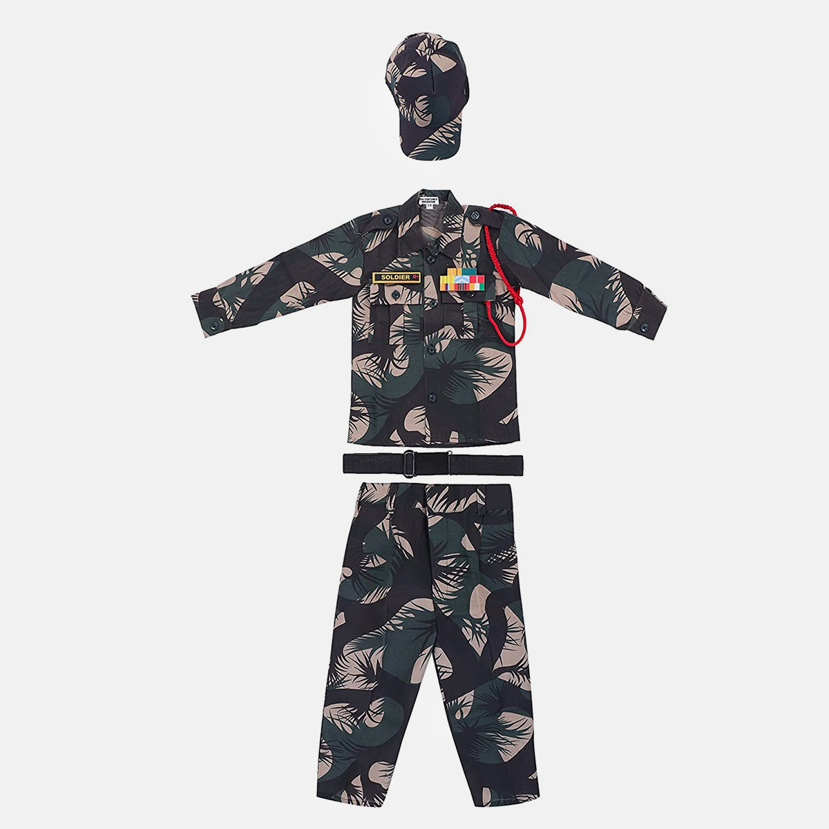Army Dress for Kids, Polyester Fabric with Jungle Print for Patriotic Cosplay, 7Pc Set with Cap