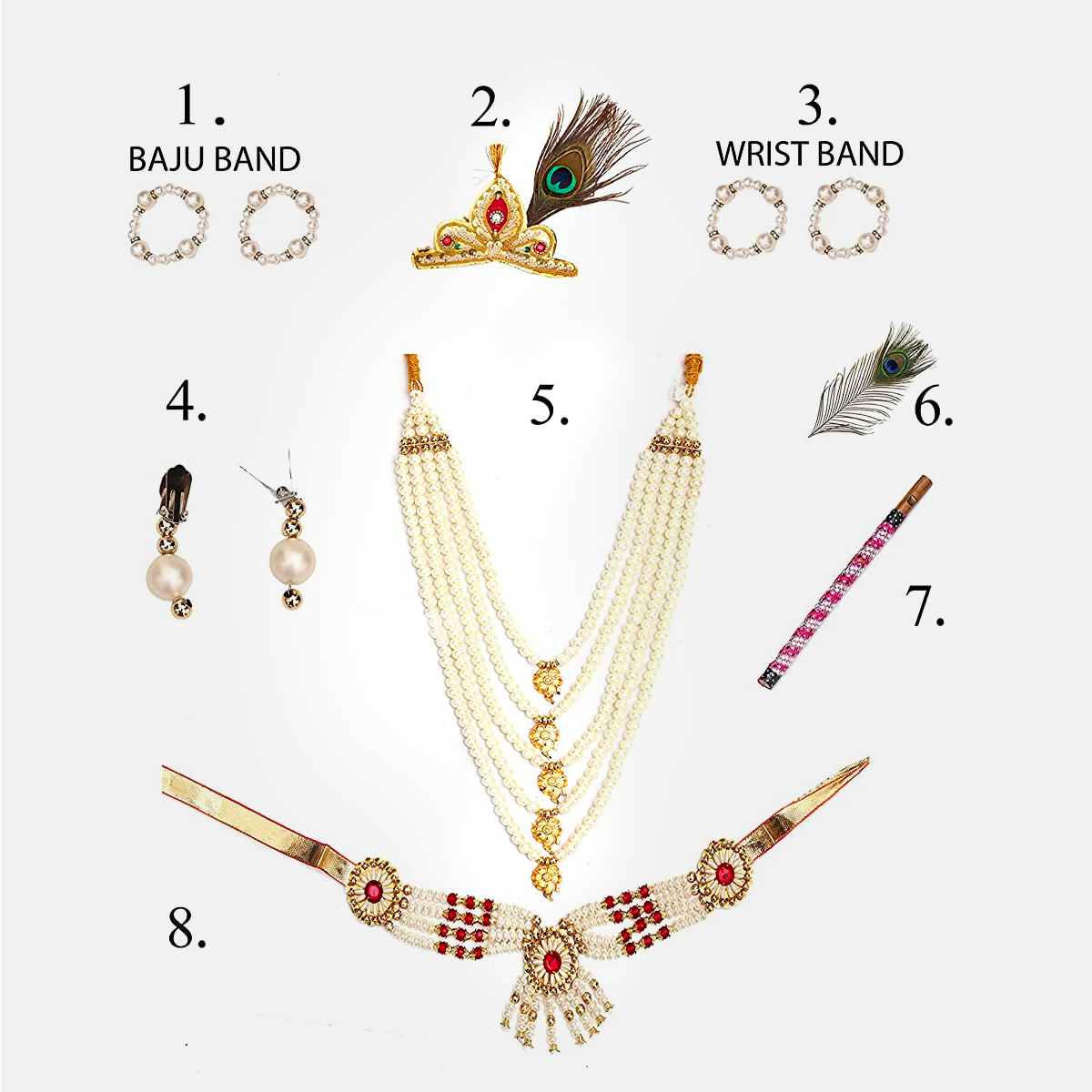 Janmashtmi Dress with Diaper-friendly Dhoti & Dupatta, Mor Pankh Mukut, 5-Layer Mala, Baju Bandh & Bansuri - Jewellery_Kids_FULL