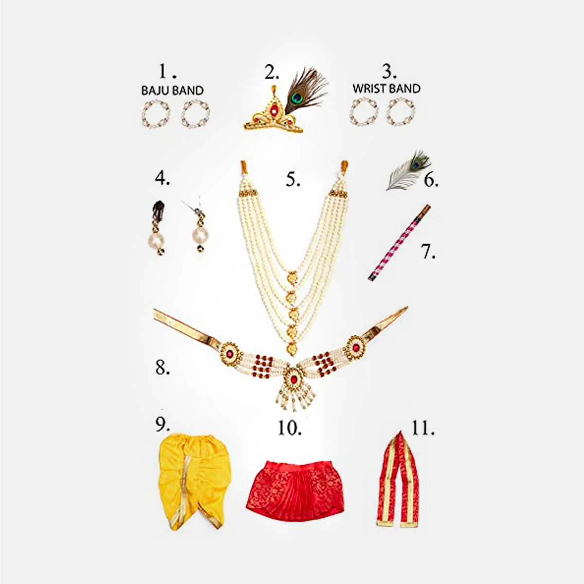 Janmashtmi Dress with Diaper-friendly Dhoti & Dupatta, Mor Pankh Mukut, 5-Layer Mala, Baju Bandh & Bansuri - Yellow and Orange