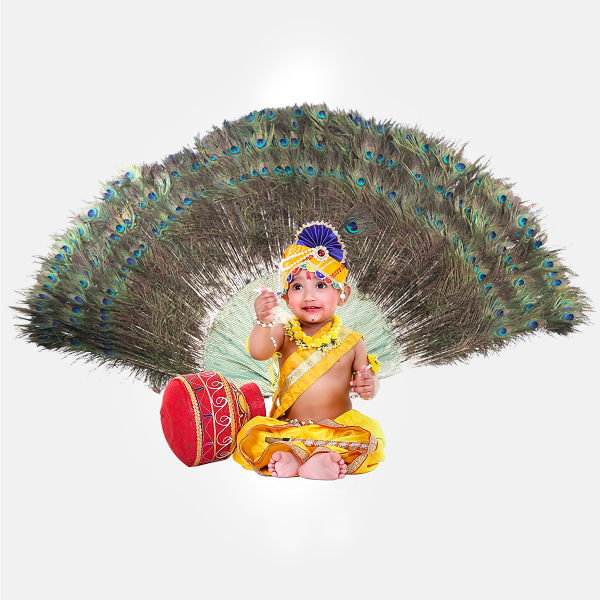 Baby Krishna Dress for Janmashtami with Krishna Mukut, Peacock Feather & Flute - Dress-Pagri-Flower