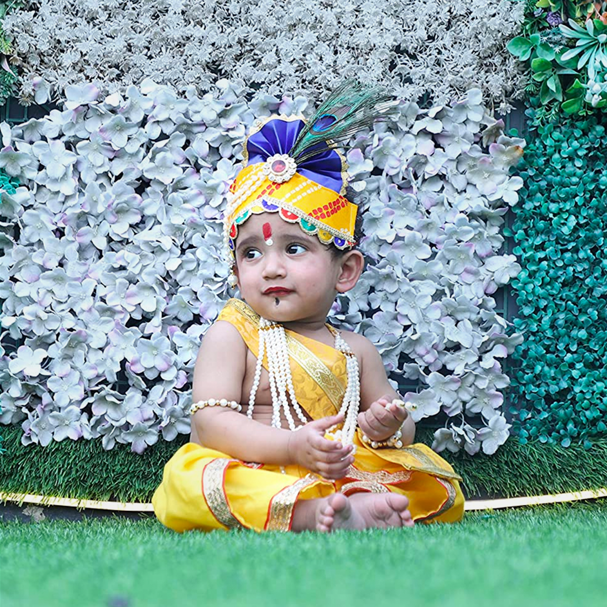 Janmashtmi Dress with Diaper-friendly Dhoti & Dupatta, Mor Pankh Mukut, 5-Layer Mala, Baju Bandh & Bansuri - Dress-Pagri-Mala