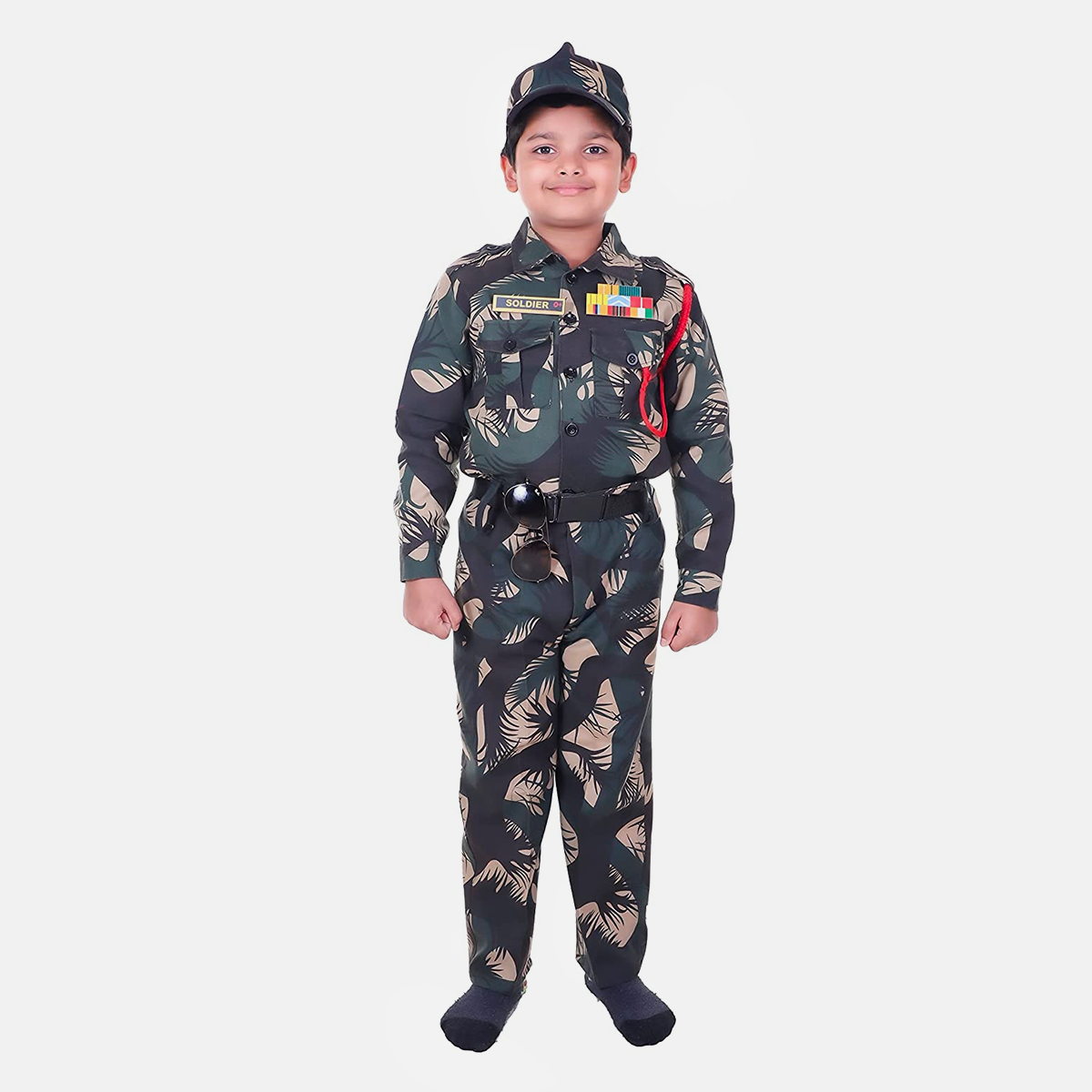 Army Dress for Kids, Polyester Fabric with Jungle Print for Patriotic Cosplay, 7Pc Set with Cap