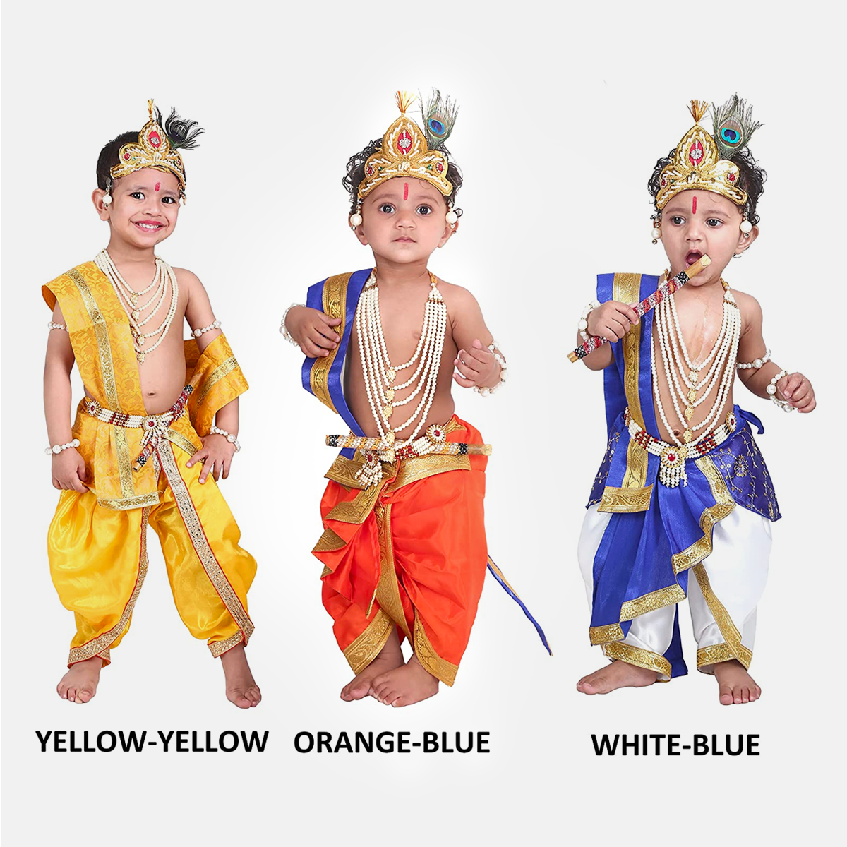 Janmashtmi Dress with Diaper-friendly Dhoti & Dupatta, Mor Pankh Mukut, 5-Layer Mala, Baju Bandh & Bansuri - Yellow