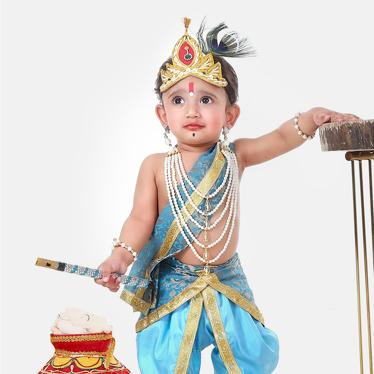 Baby Krishna Dress for Janmashtami with Krishna Mukut, Peacock Feather & Flute - Full-Ferozi