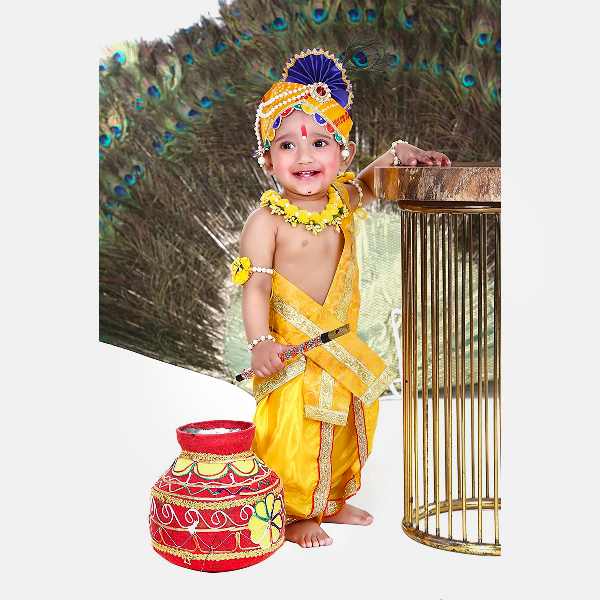 Janmashtmi Dress with Diaper-friendly Dhoti & Dupatta, Mor Pankh Mukut, 5-Layer Mala, Baju Bandh & Bansuri - Dress-Pagri-Flower