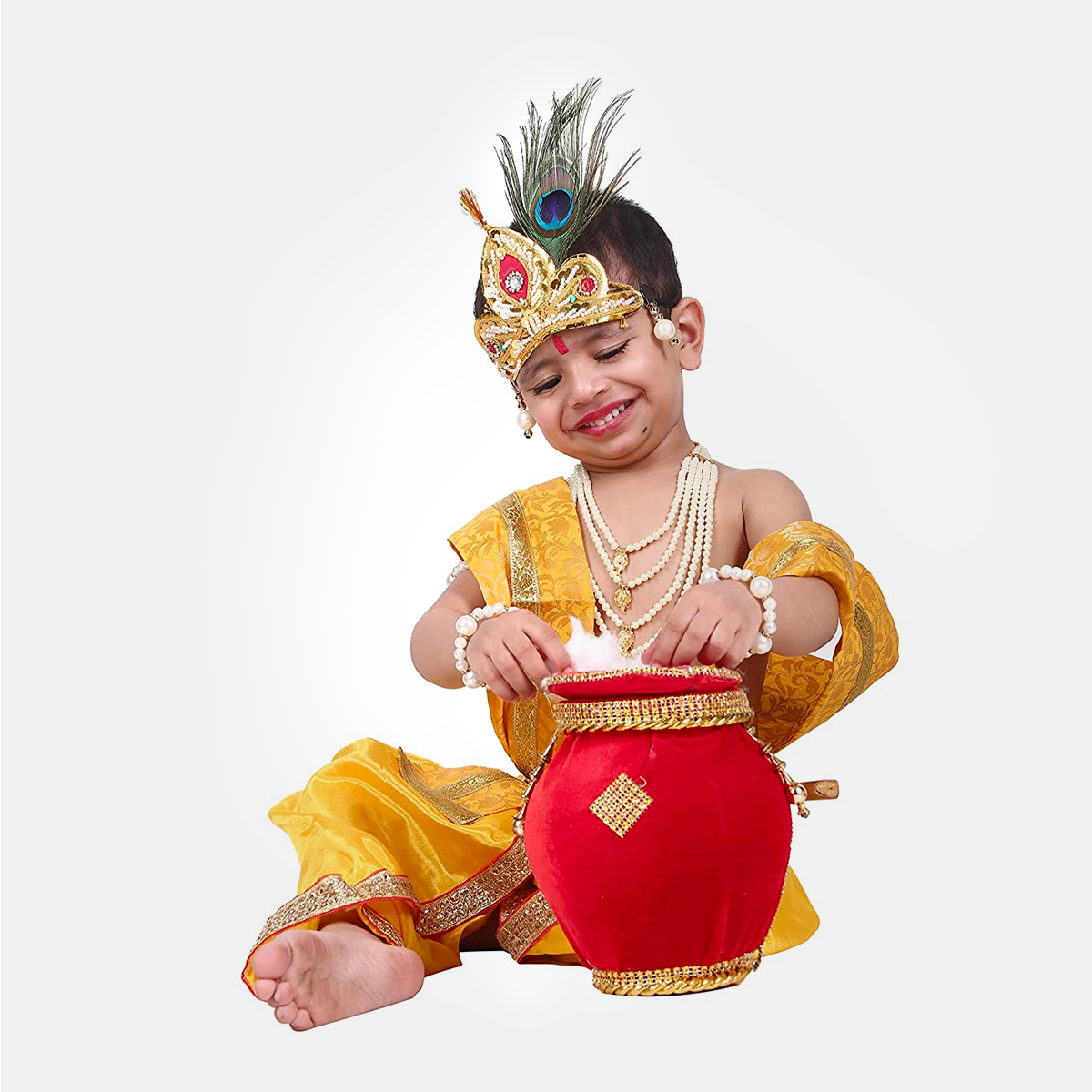 Janmashtmi Dress with Diaper-friendly Dhoti & Dupatta, Mor Pankh Mukut, 5-Layer Mala, Baju Bandh & Bansuri - Yellow and Yellow