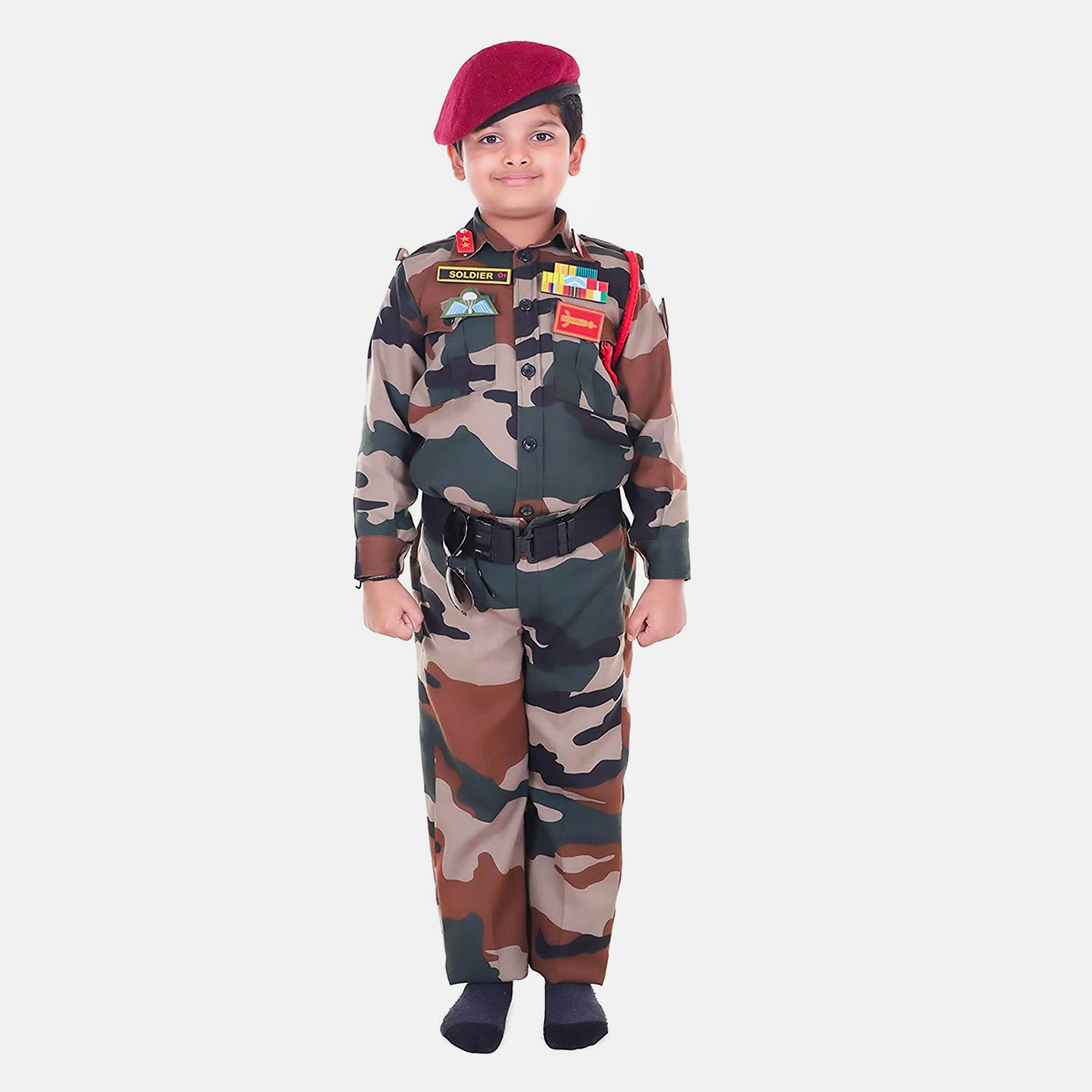 Polyester Fabric Fancy Dress with New Print for Cosplay, 14 Pcs Set with Professional Belt, Special Badges, Maroon Beret Cap