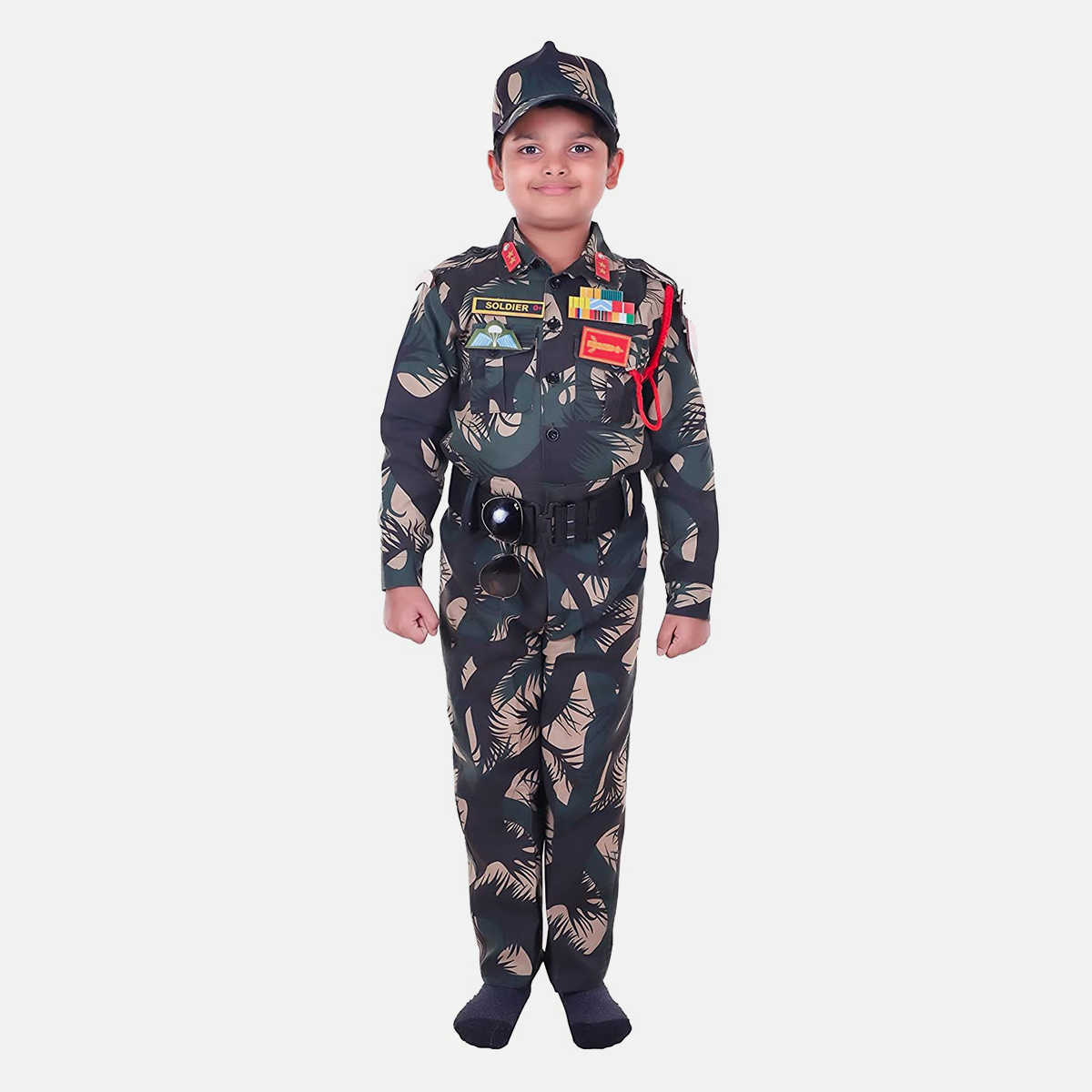 Army Dress for Kids, Polyester Fabric Indian Military Soldier Costume, 14 Pcs Set with Professional Belt
