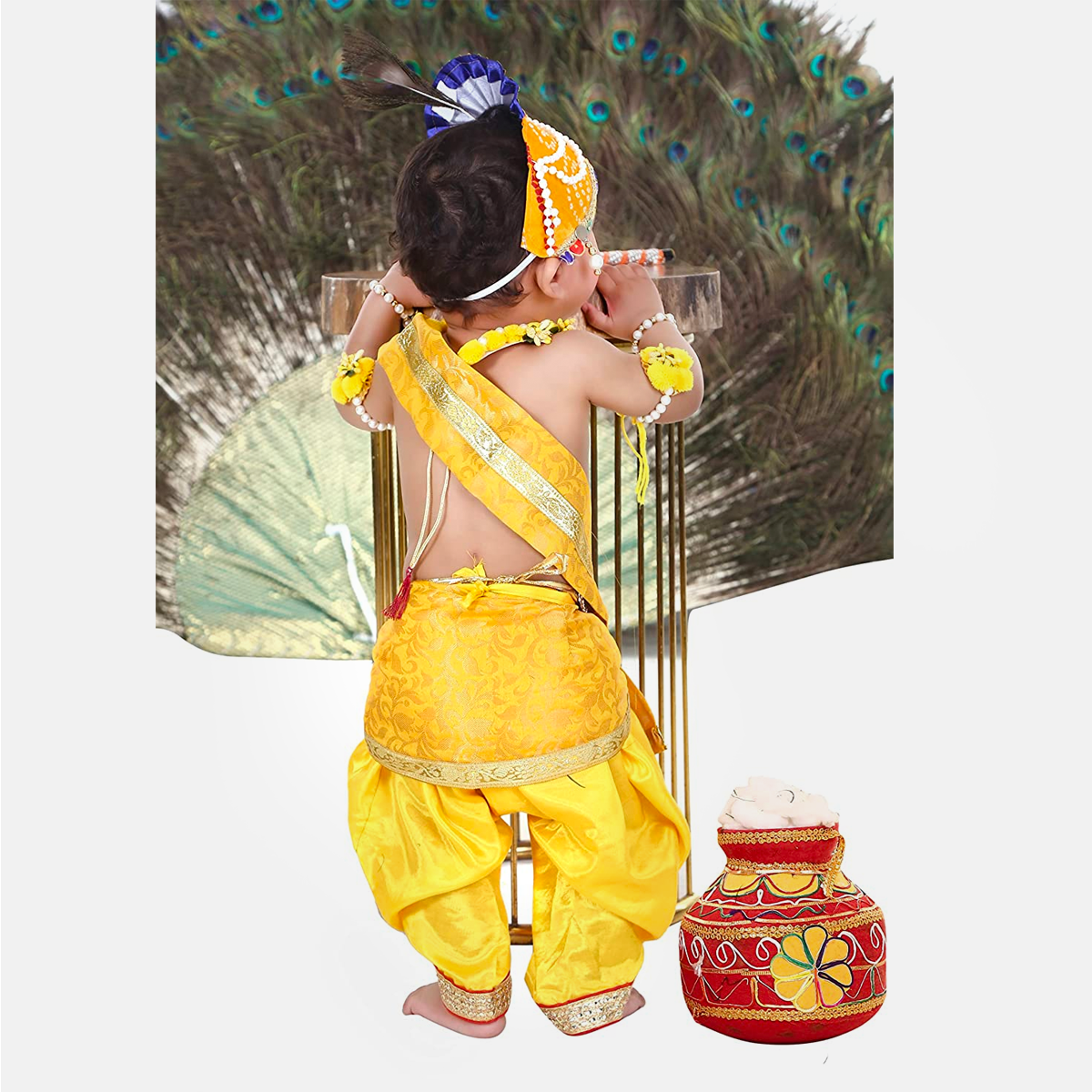 Baby Krishna Dress for Janmashtami with Krishna Mukut, Peacock Feather & Flute - Dress-Pagri-Flower
